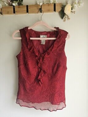 100% Silk Sleeveless Ruffled V-Neck Top Dark Red Vintage Size M